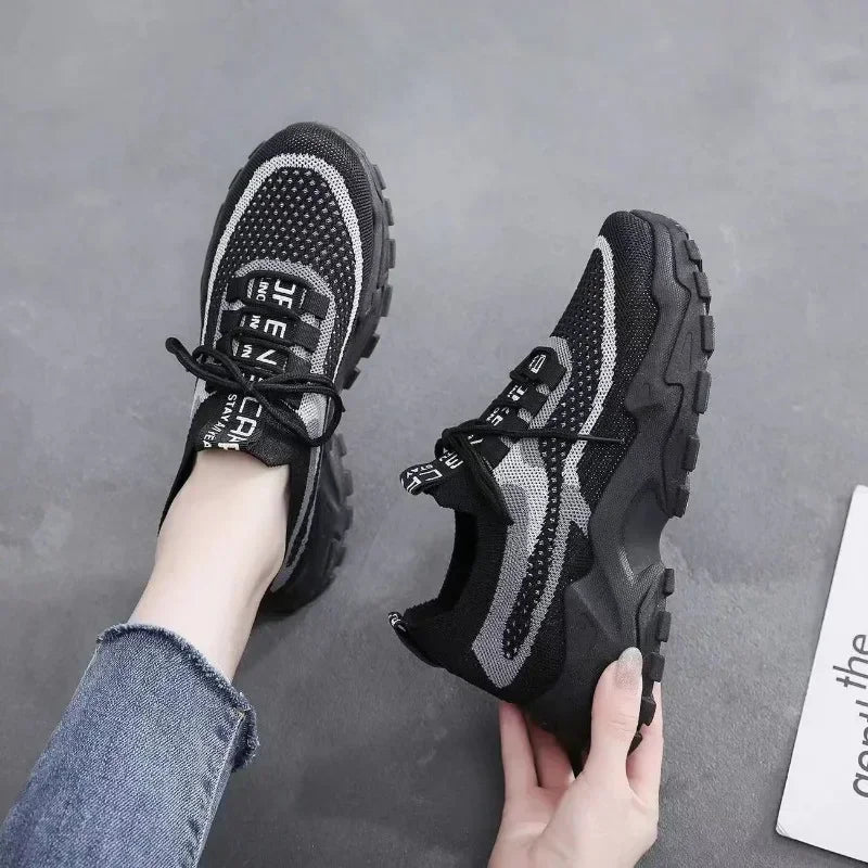 Step up in style with 2024’s hottest mesh sneakers! Lightweight, bold & breathable. Shop now for trendy comfort with a thick sole & Korean street flair black and gray