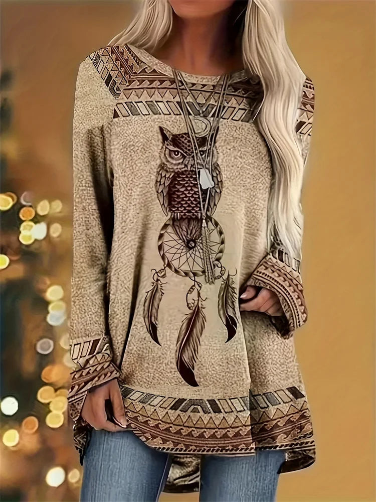 Retro Ethnic Style Women's Long Sleeve T-shirt Indian Dreamcatcher Print Women's Long Sleeve Top Everyday Casual Elegant T-shirt
