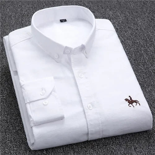 Men’s Oxford Cotton Shirt – Long Sleeve Embroidered Horse Design