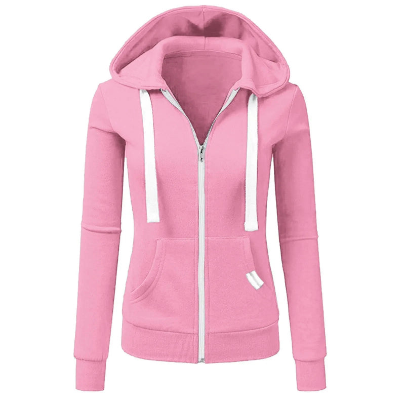 Pink hoodie with a zipper on a white background