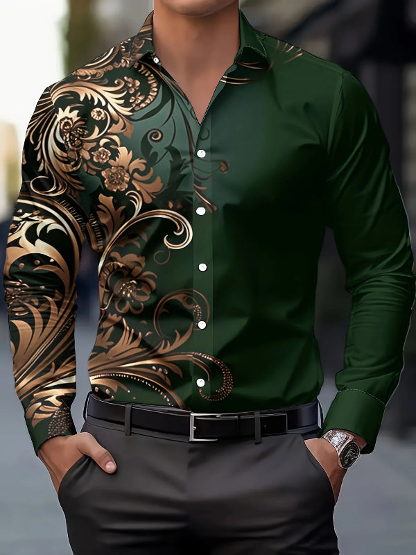 Green shirt with intricate gold patterns worn by a person, on a blurred background