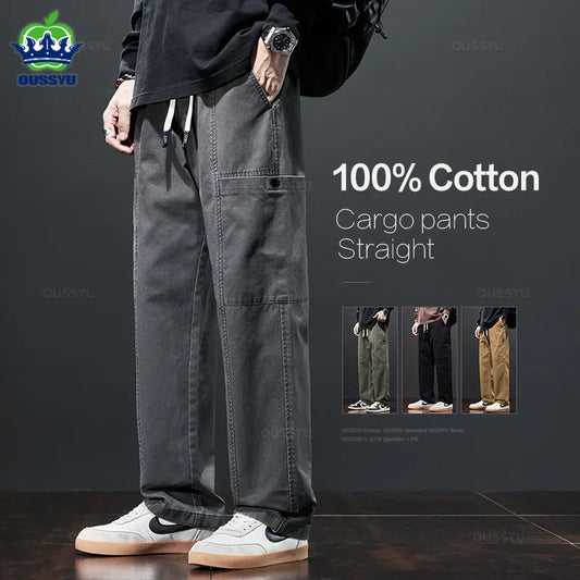 Person wearing gray cargo pants with a dark background and 'OUSSYU' branding.