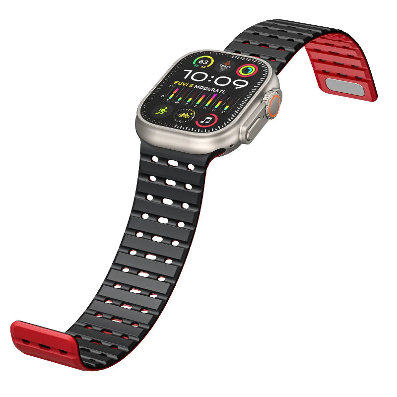 The image shows a variety of magnetic straps for Apple Watches in different colors, with a prominent orange strap displayed in detail, along with options for different watch models.