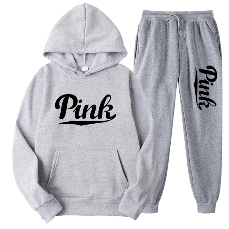 Gray hoodie and jogger set with 'Pink' text on a white background