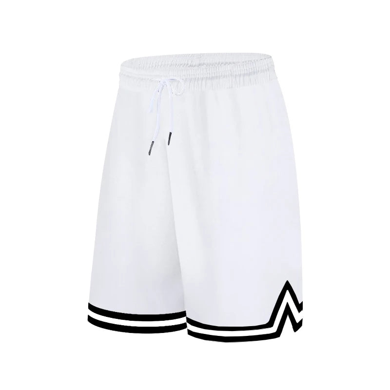 White shorts with black trim on a white background
