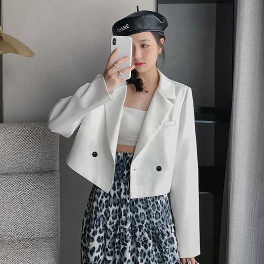 Cropped blazer for women – trendy Korean style notched slim fit chic solid color fashion suit outwear  white