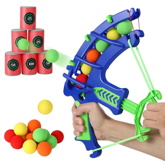 Toy archery set with colorful bows and arrows on a white background