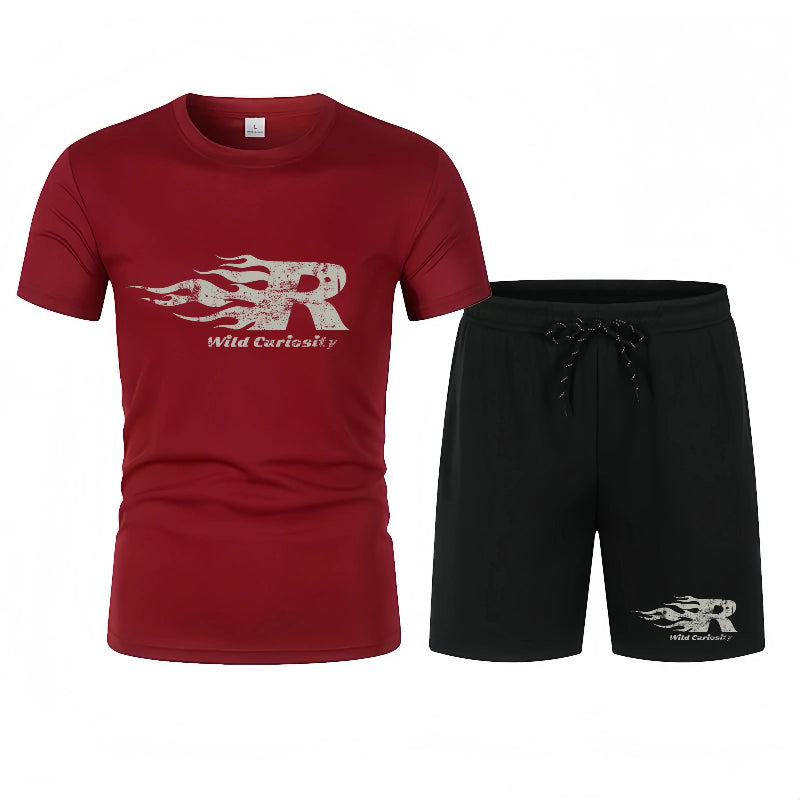 Red t-shirt and black shorts set with a logo on a white background