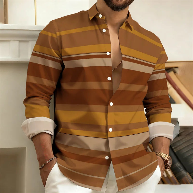 Man wearing a brown and yellow striped shirt with a blurred background
