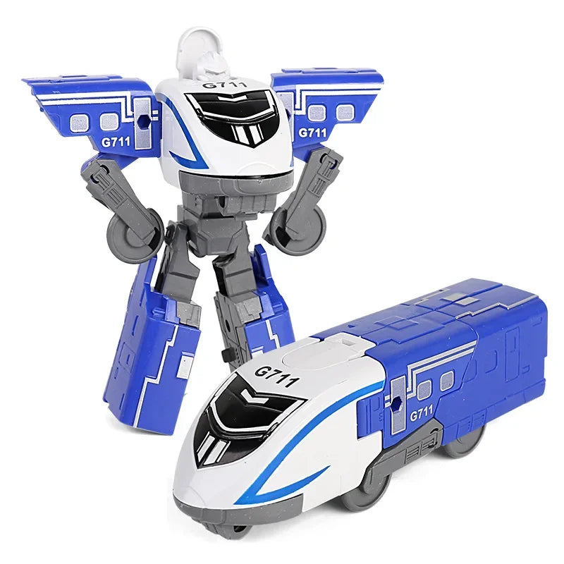 Toy robot transforming into a train on a white background