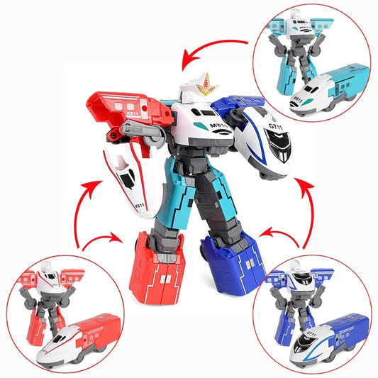 Transforming robot toy with multiple action poses on a white background