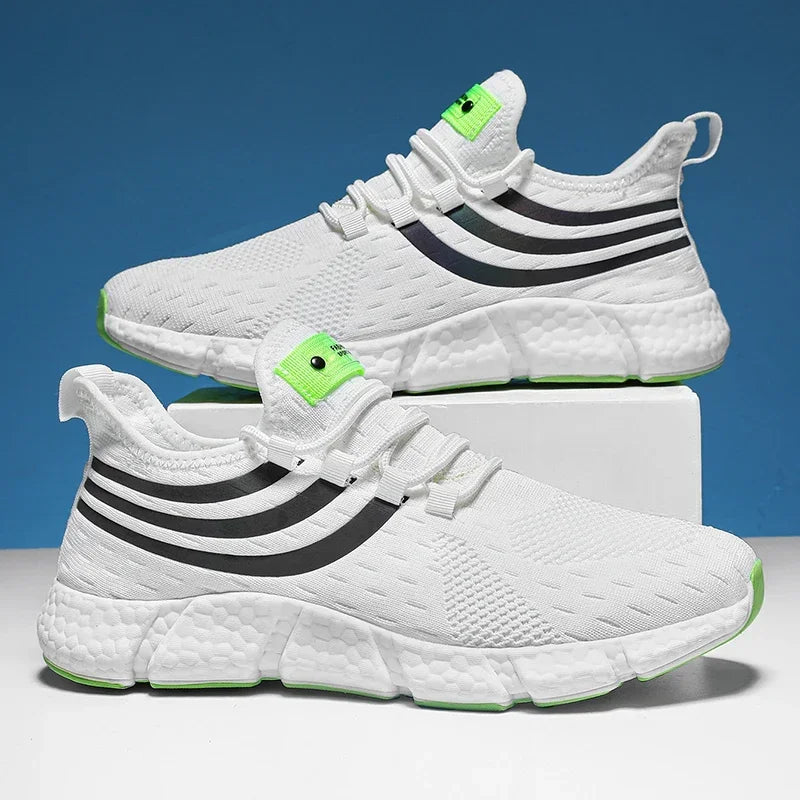 White sneakers with black stripes and green accents on a blue background