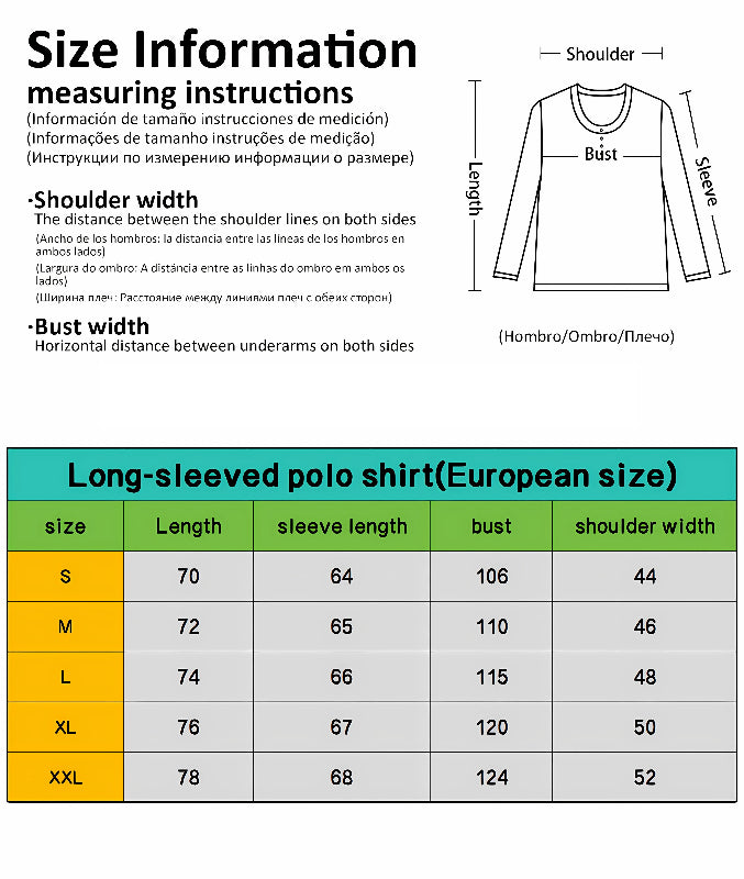 Size chart for long-sleeved polo shirts with measurement instructions and a diagram of a shirt.