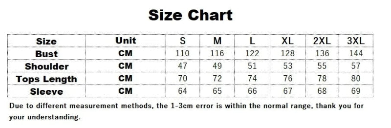 Size chart for clothing measurements in centimeters with a clear and legible layout.