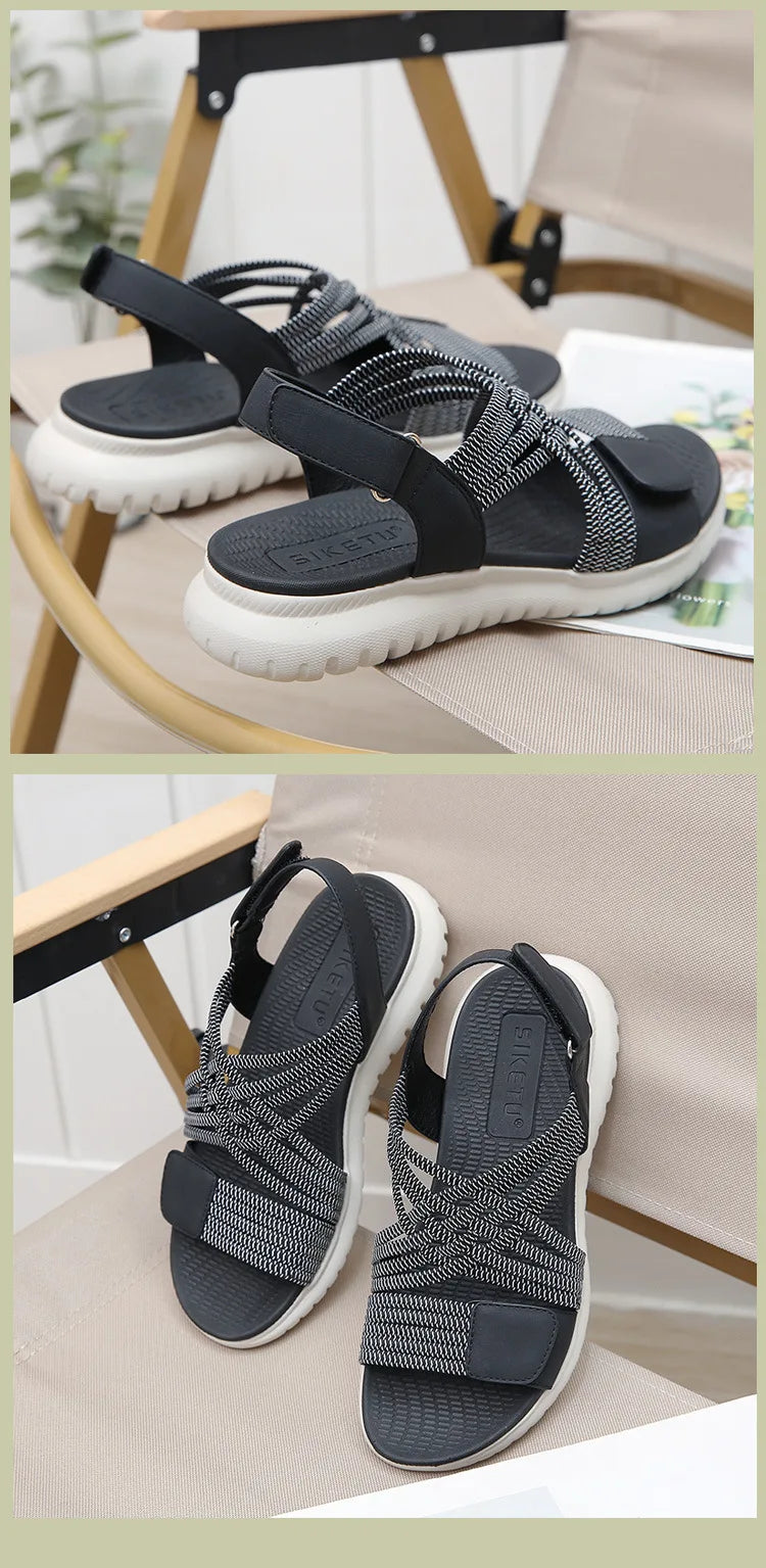 Collage of gray sandals with black straps on a chair.