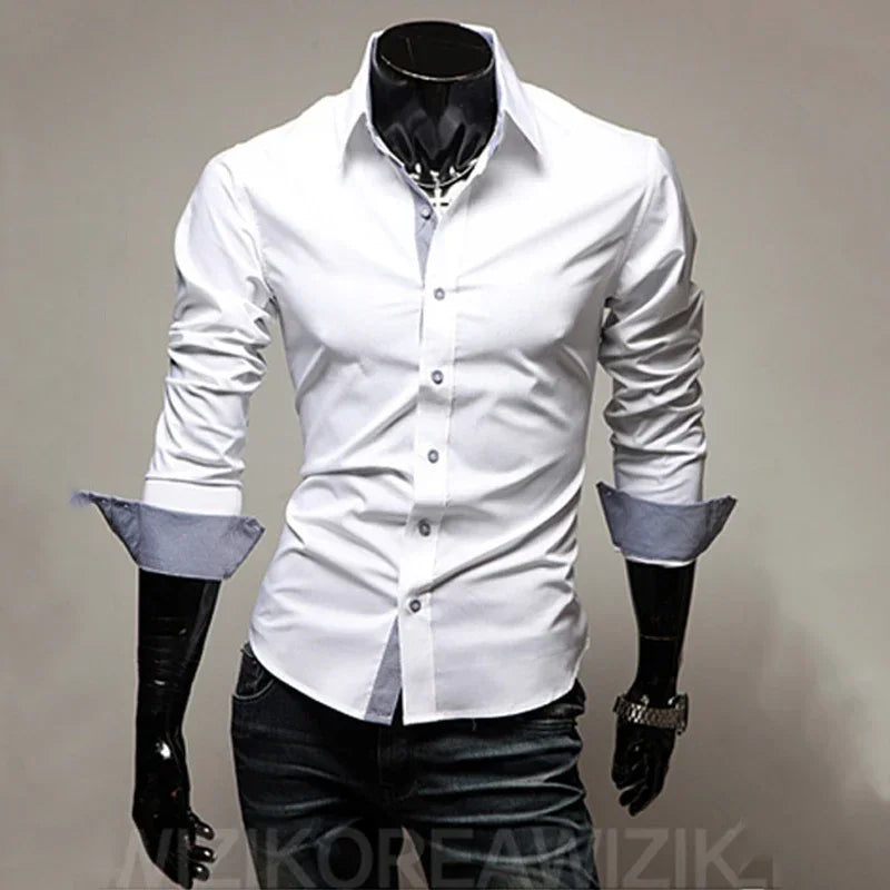 Men’s Slim White Striped Shirt – Long Sleeve Business Casual Top