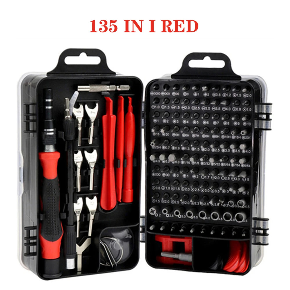 Open tool kit with various red and black tools on a white background