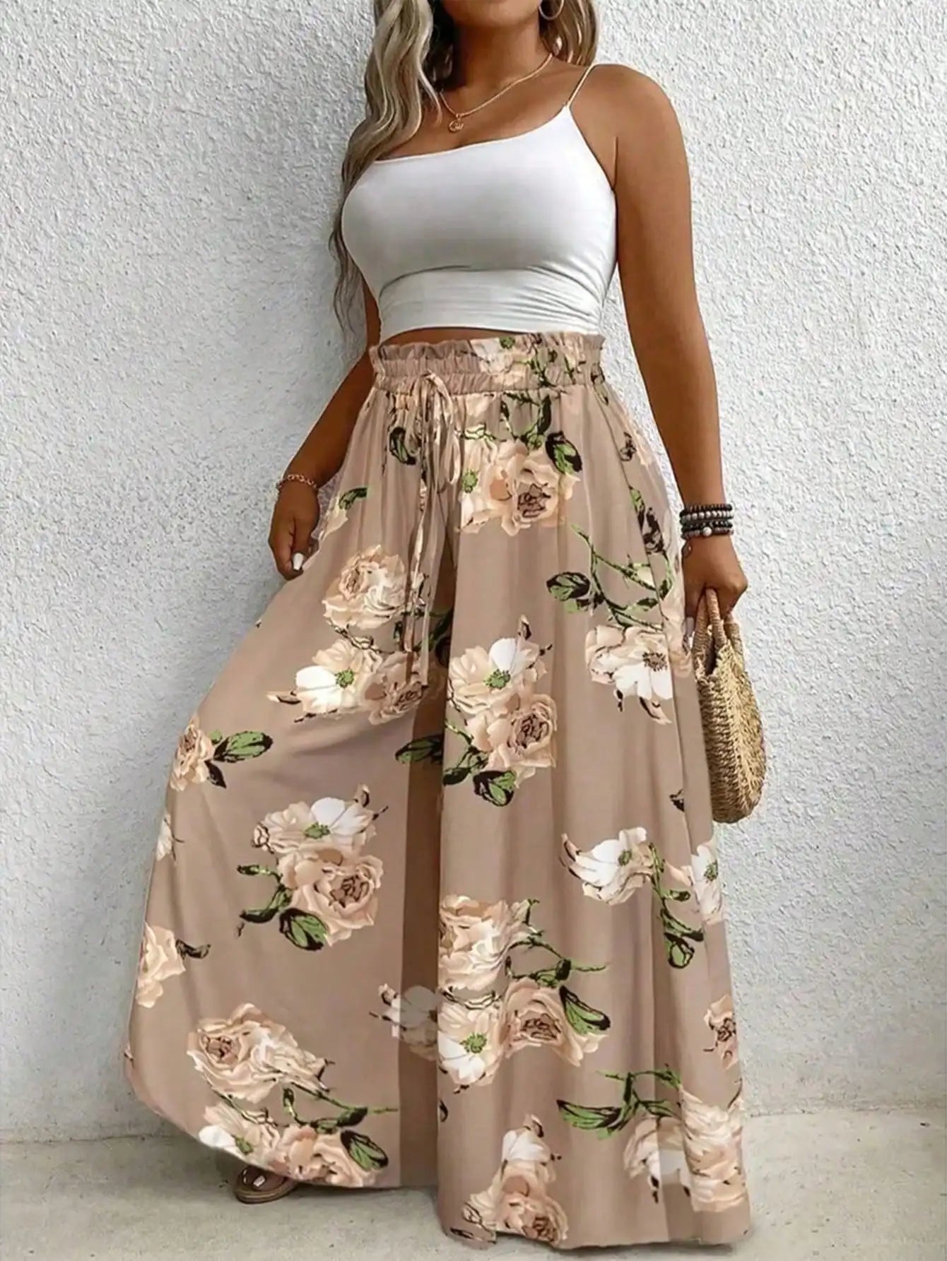Ladies' plus size printed wide leg pants elegant loose pants imitation drawstring waistband machine washable non stretch fabric