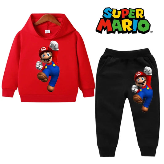 Red hoodie and black pants with Super Mario character on a white background