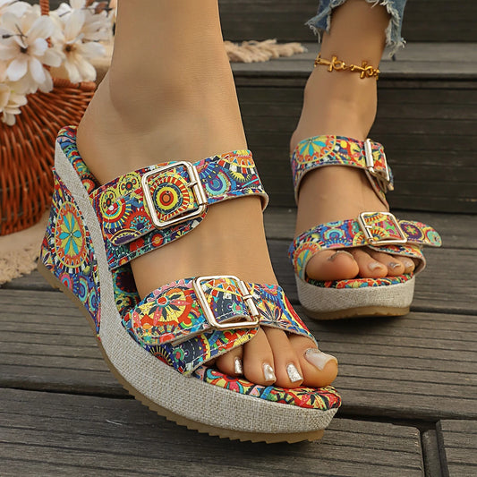 Vintage Rivet Decor Wedge Sandals for Women 2026 Summer High Heels Platform Sandals Woman Plus Size 43 Ankle Buckle Beach Shoes