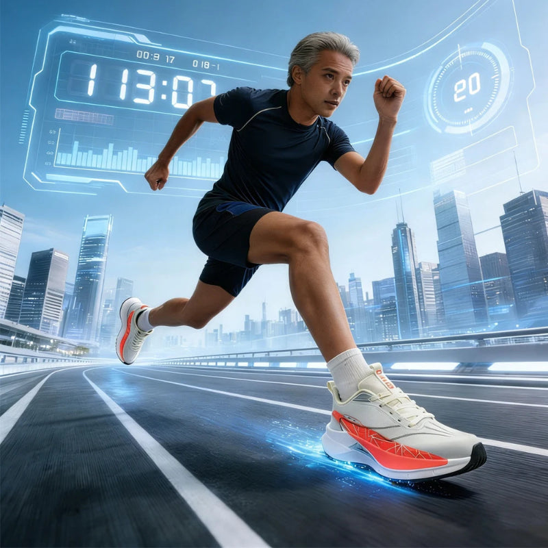 Man running on a track with futuristic digital interface elements in the background