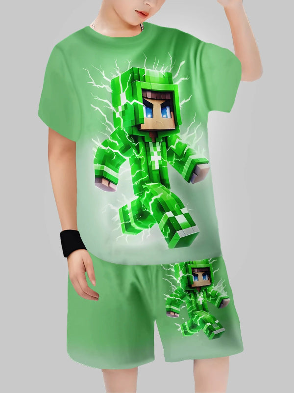 Child wearing a green t-shirt and shorts with a character design on a plain background