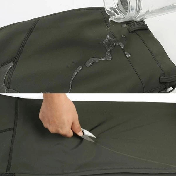 Waterproof jacket with water droplets being poured on it and a hand cutting through the fabric.