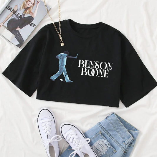 Black t-shirt with 'Benson Boone' design on a white background