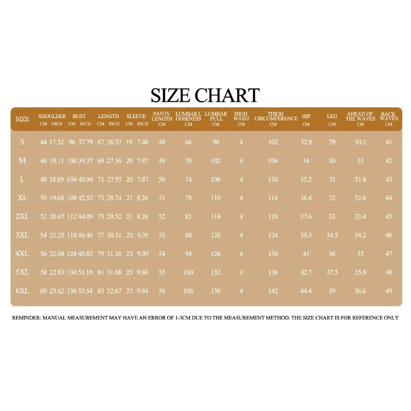 Size chart for clothing measurements on a beige background