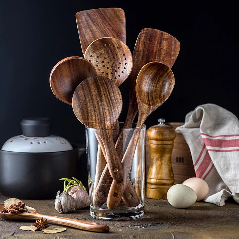 Thailand teak natural wood kitchen utensils set – spoon, ladle, turner, rice colander, soup skimmer, scoop cooking tools 1