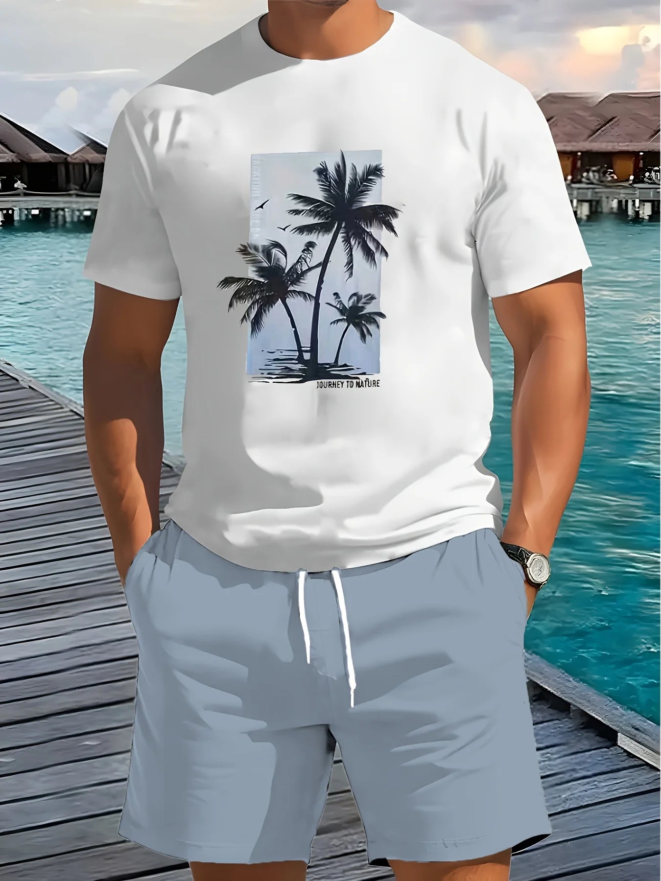 Men's Summer Fashion Casual Loose-Fit Set Plus Size Coconut Grove Print Crew Neck Short Sleeve Drawstring Shorts Two-Piece Set