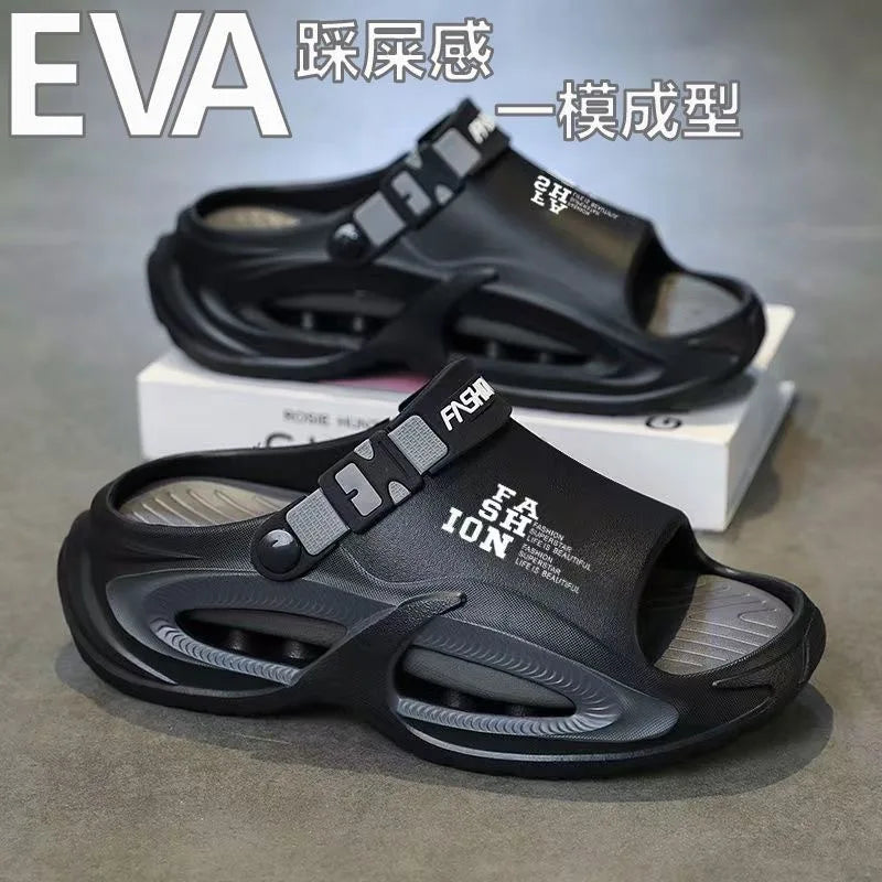 Black EVA sandals with text on a gray background