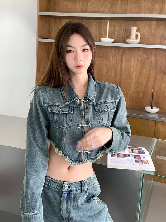 Korean‑Style Denim Coat – Metal Buckle Tassel Short Jacket Women