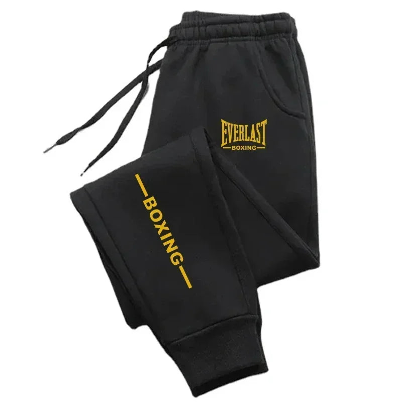 Black boxing pants with 'Everlast Boxing' logo on a white background