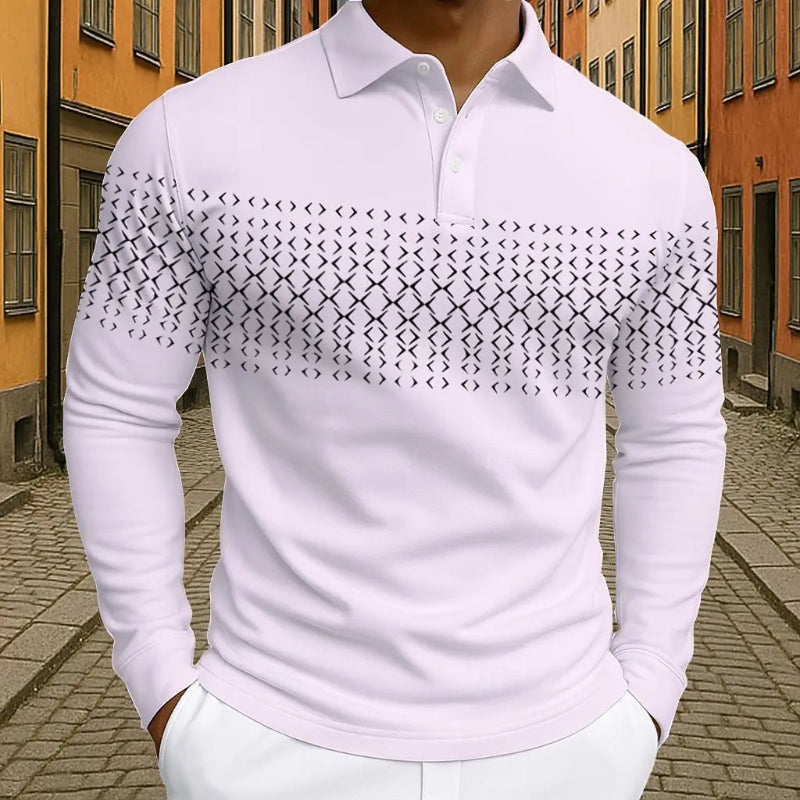 White long-sleeve shirt with geometric pattern worn by a person on a street.
