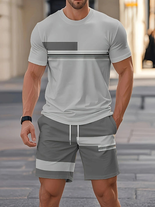 Men's striped print short sleeve shirt and athletic shorts two-piece summer fitness outfit casual matching set 00112