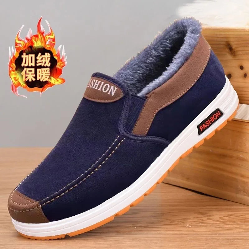 Blue and brown slip-on shoes with fur lining on a wooden surface, featuring a 'Fashion' label.