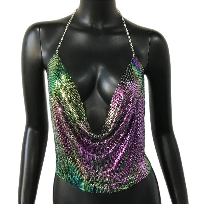 Women’s Metal Sequin V‑Neck Backless Crop Top – Party Tank
