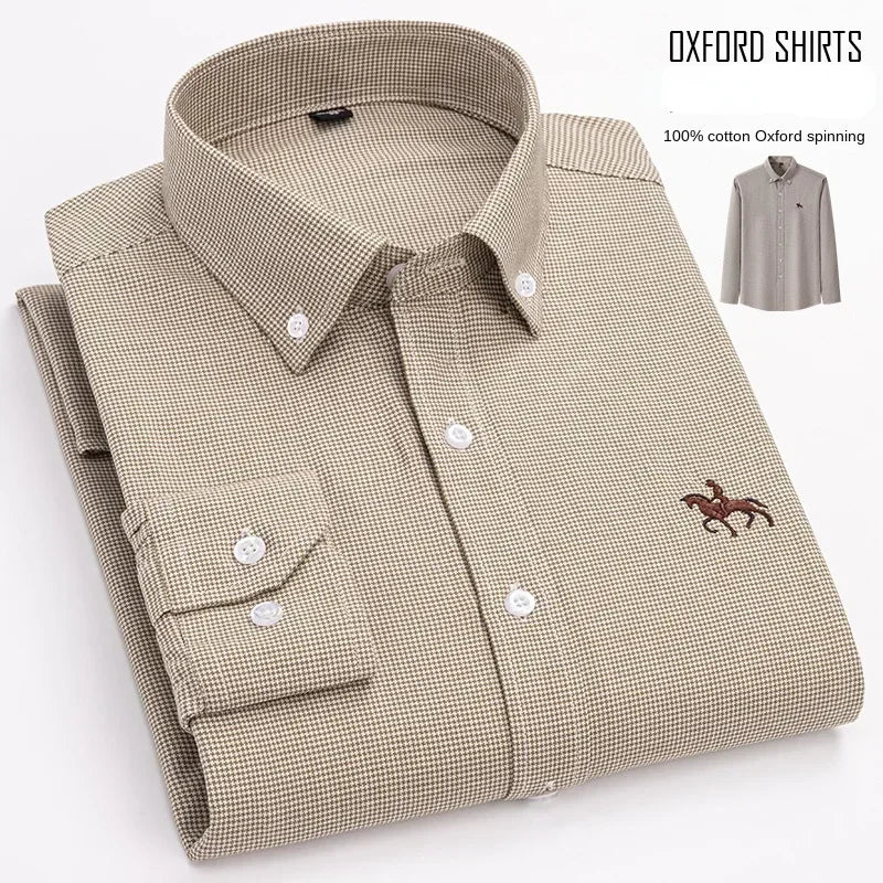 Men’s Oxford Cotton Shirt – Long Sleeve Embroidered Horse Design