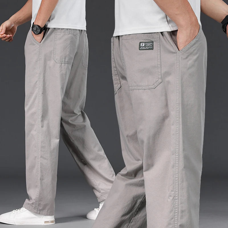 Big Size Mens Casual Pants Relaxed Fit Cotton Trousers Elastic Waist Drawstring Sweatpants Mens Jogger Pants Summer Spring gray