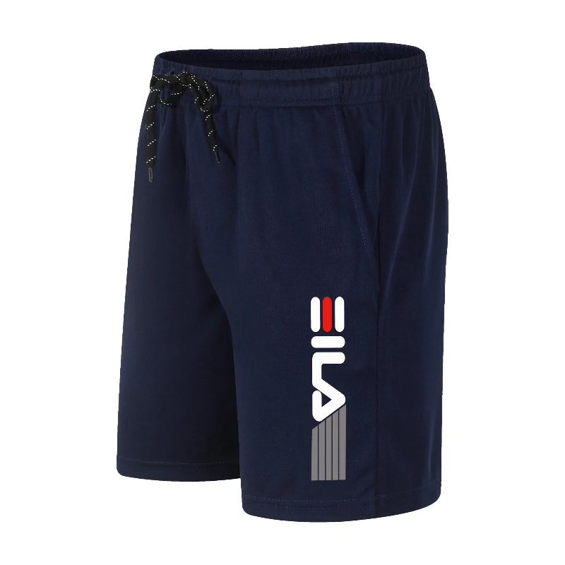 Navy blue shorts with a brand logo on a white background
