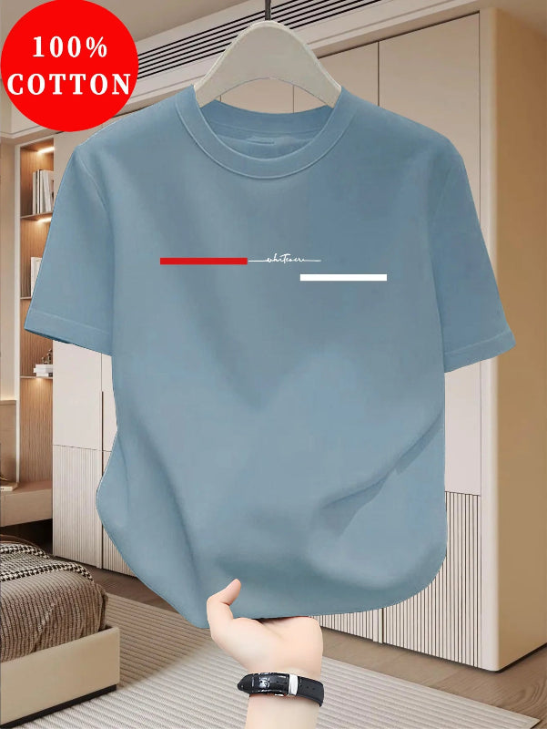 Blue t-shirt with a minimalistic design on a hanger in a room setting.