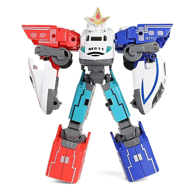 Toy robot with red, blue, and white colors on a white background