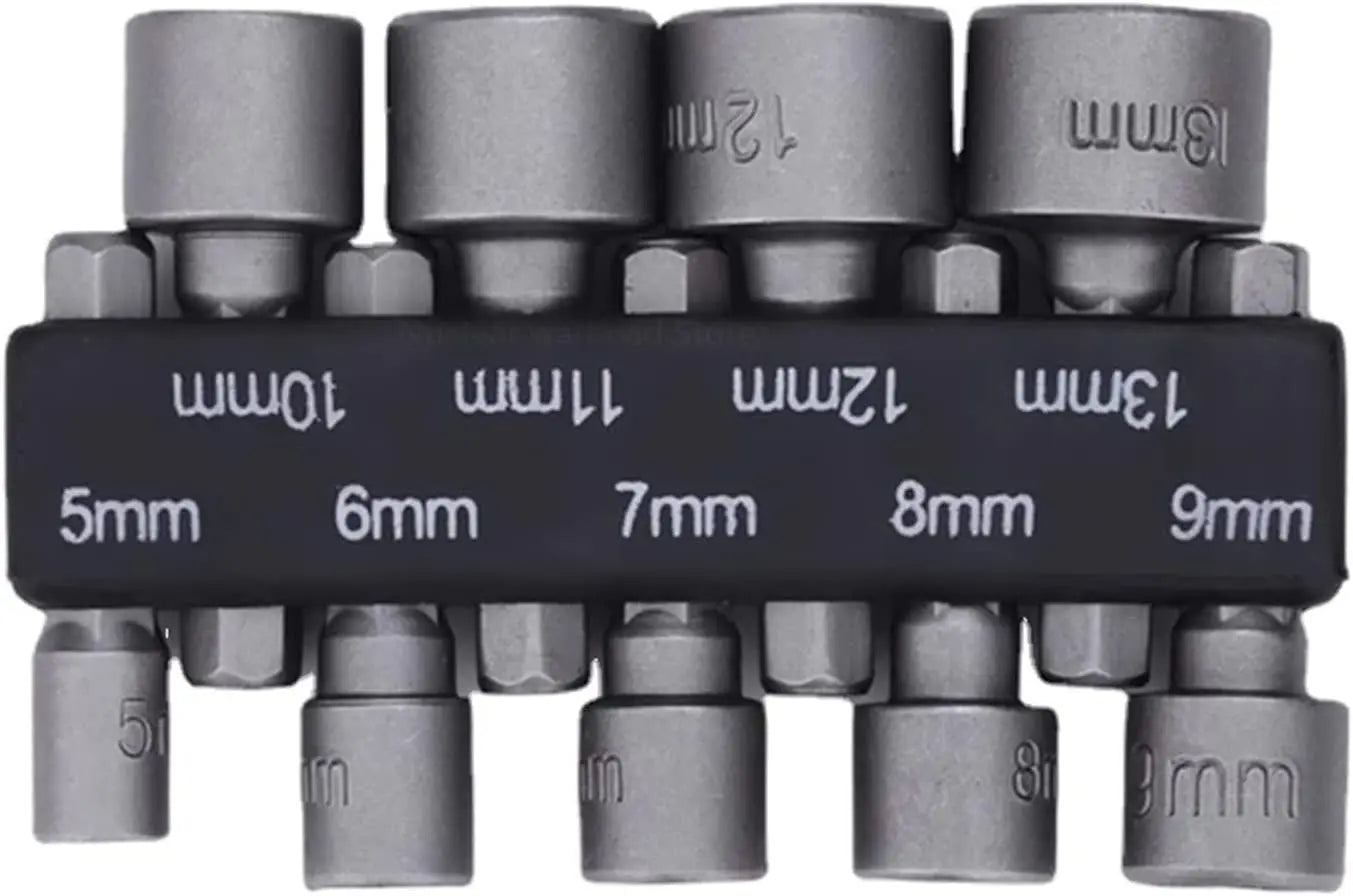 Set of hex bit sockets with size markings on a black holder