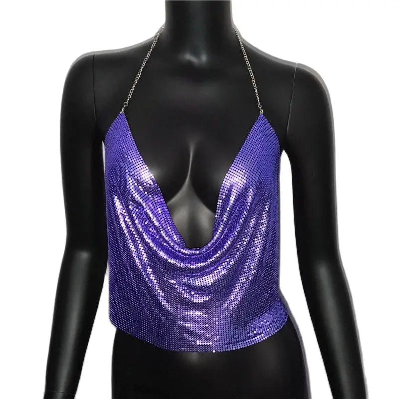 Women’s Metal Sequin V‑Neck Backless Crop Top – Party Tank