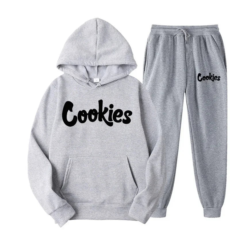 Gray hoodie and pants set with 'Cookies' text on a white background
