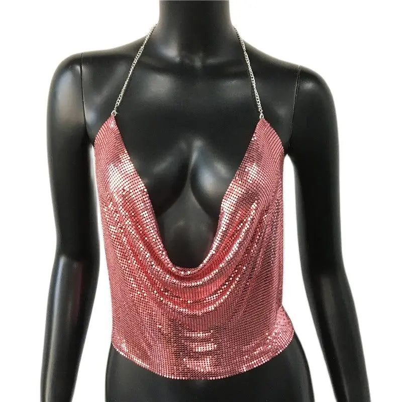 Women’s Metal Sequin V‑Neck Backless Crop Top – Party Tank