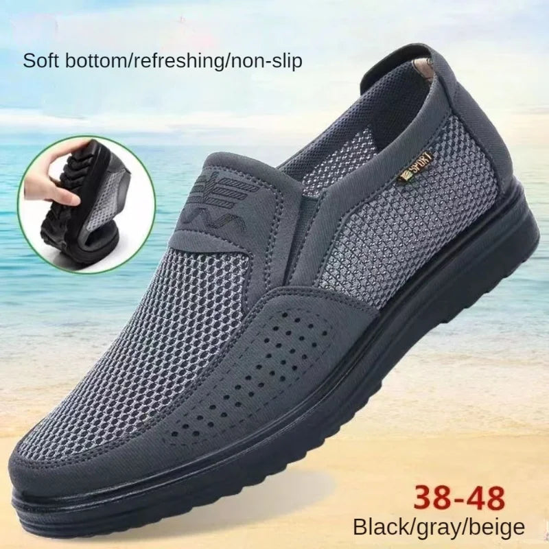 Gray slip-on shoe with black sole on a gradient background, featuring text about shoe features.