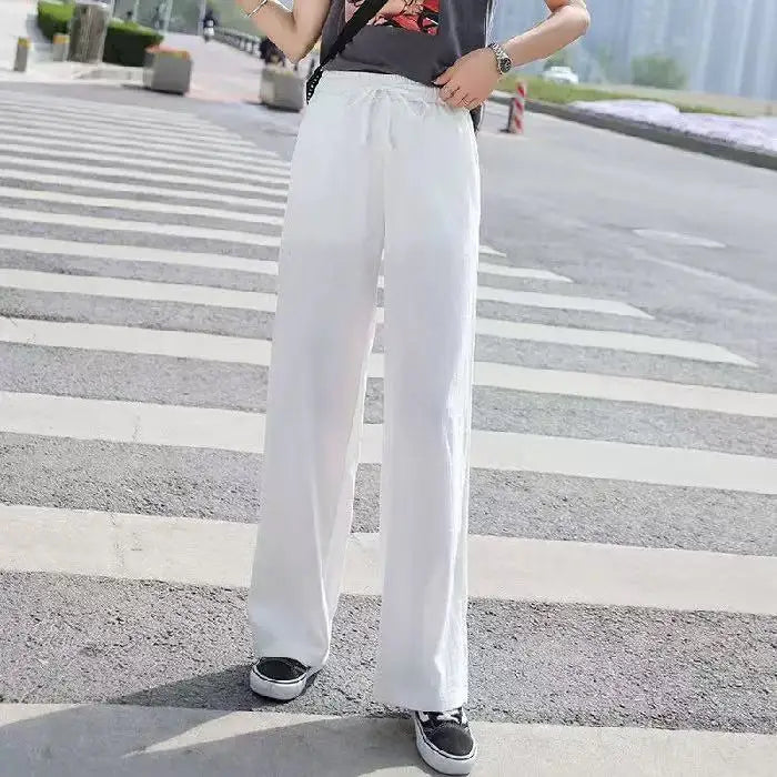 Women’s ankle‑length ice silk wide‑leg pants with elastic waist in solid color white 02