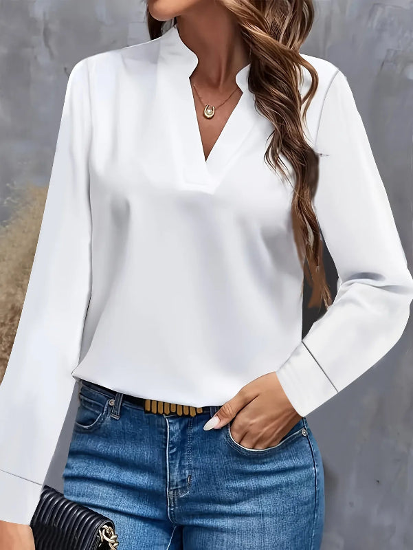 Women’s elegant light blue V-neck long sleeve loose fit office blouse white